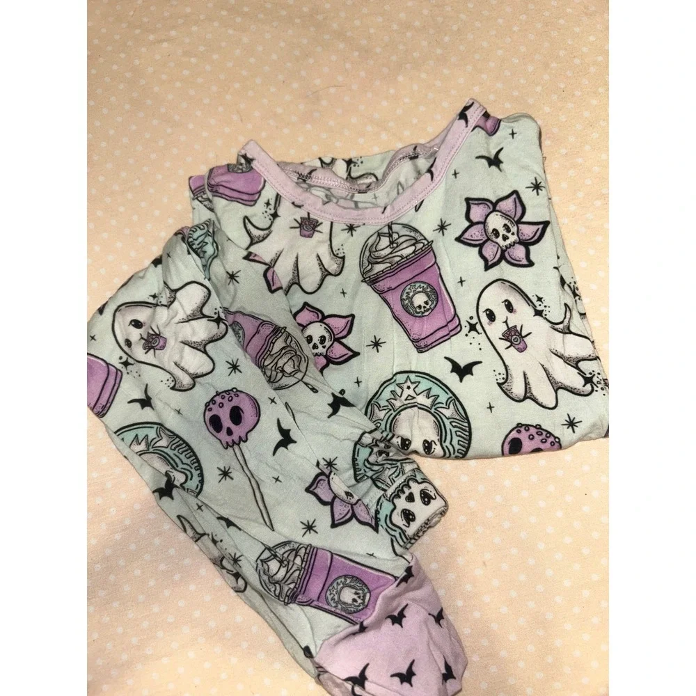 Onyx + Lore Toddler 2T Bamboo Pajamas Spooky Coffee Ghost Skull Mint Purple Set